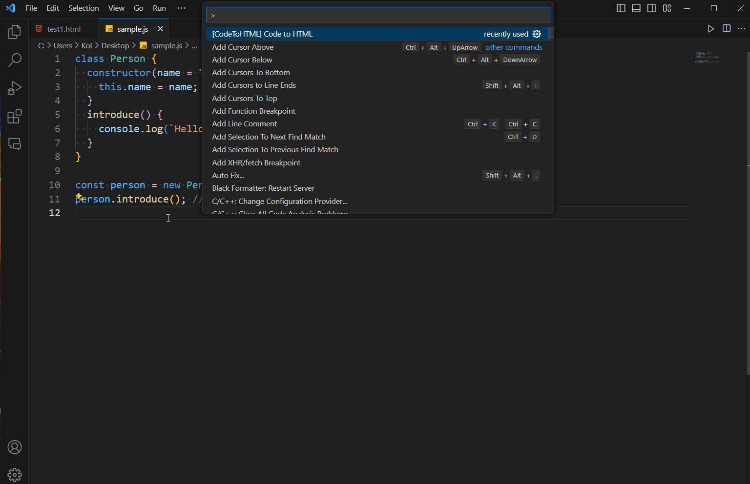 VSCodeのコマンドパレットで [CodeToHTML] Code to HTML を選択している画面