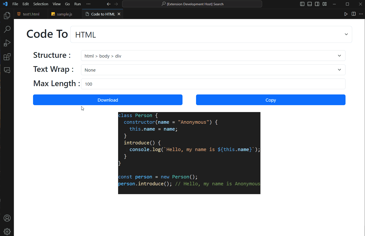 Code To HTMLのWebview画面。Structure・Text Wrap・Max Lengthの設定と、DownloadとCopyのボタン、変換対象コードのプレビューが表示されている