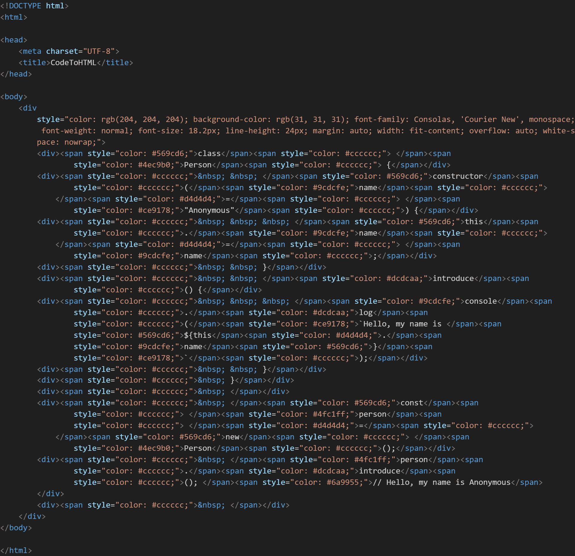 html > body > div構造で変換されたHTMLソースコード。行ごとのdivと色指定つきのspanで構成されている
