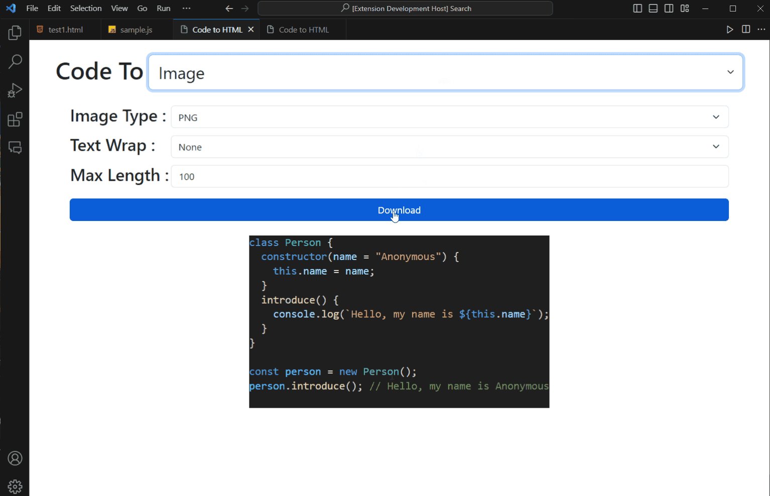 Code To ImageのWebview画面。Image Type・Text Wrap・Max Lengthの設定とDownloadボタンが表示されている